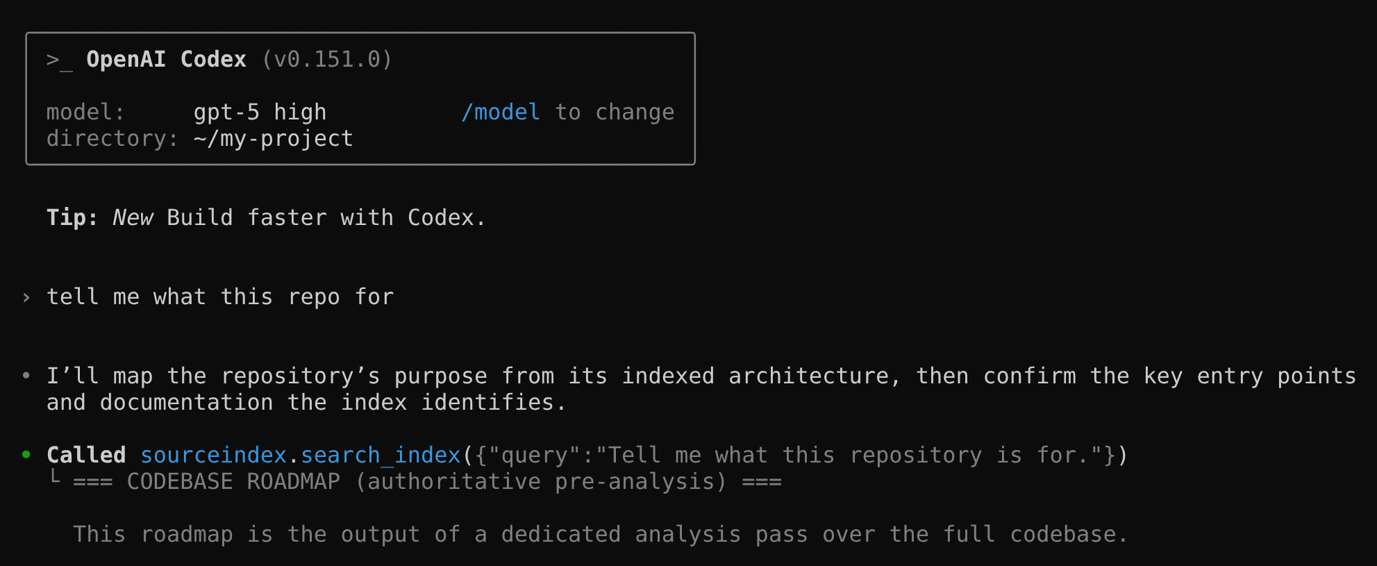A Codex session, with the OpenAI Codex header box at the top. The user asks what this repo is for; the agent calls the sourceindex search_index tool and the codebase roadmap comes back.