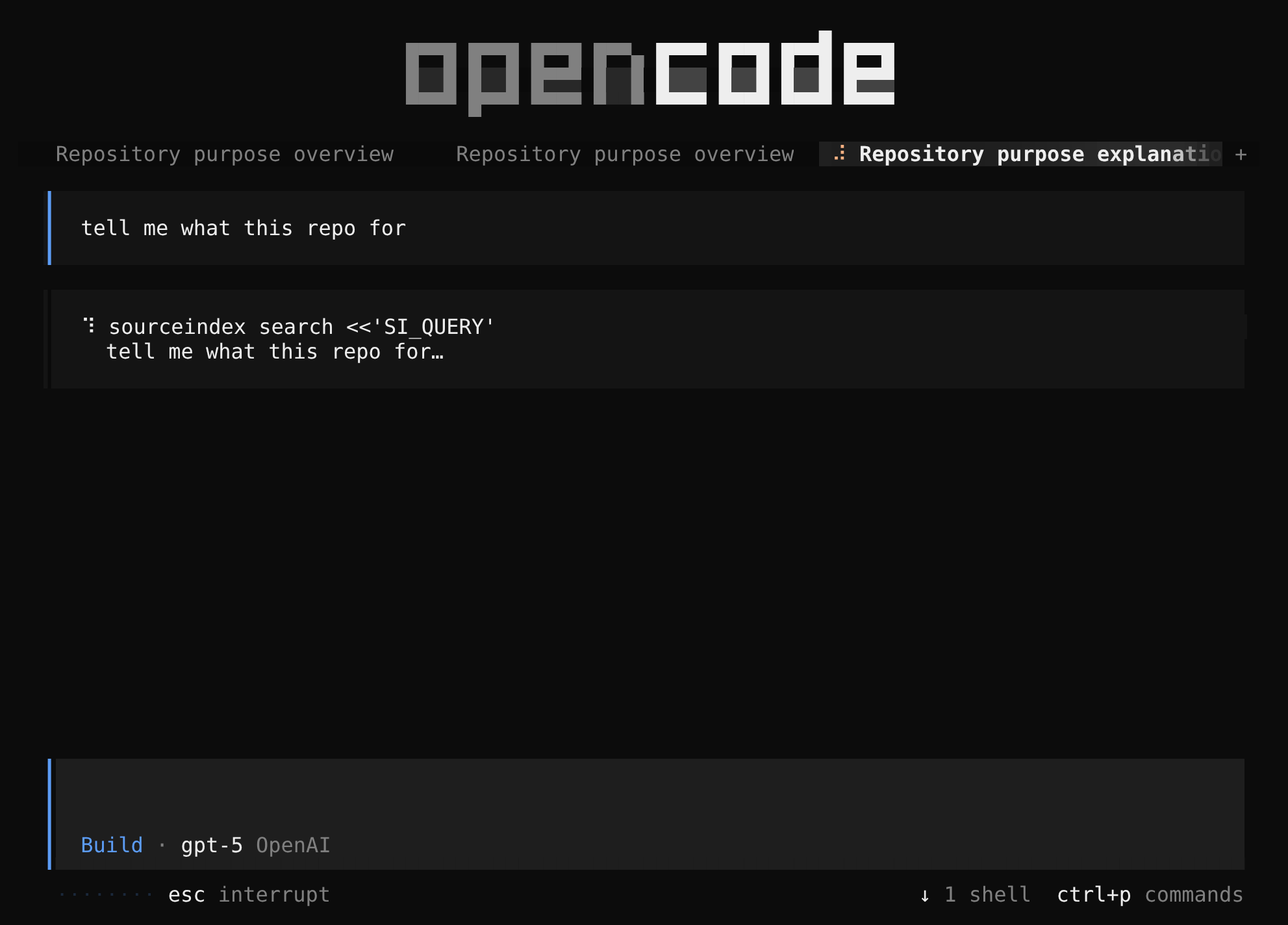 An OpenCode session. The user asks what this repo is for; the agent runs sourceindex search with the request as the query.