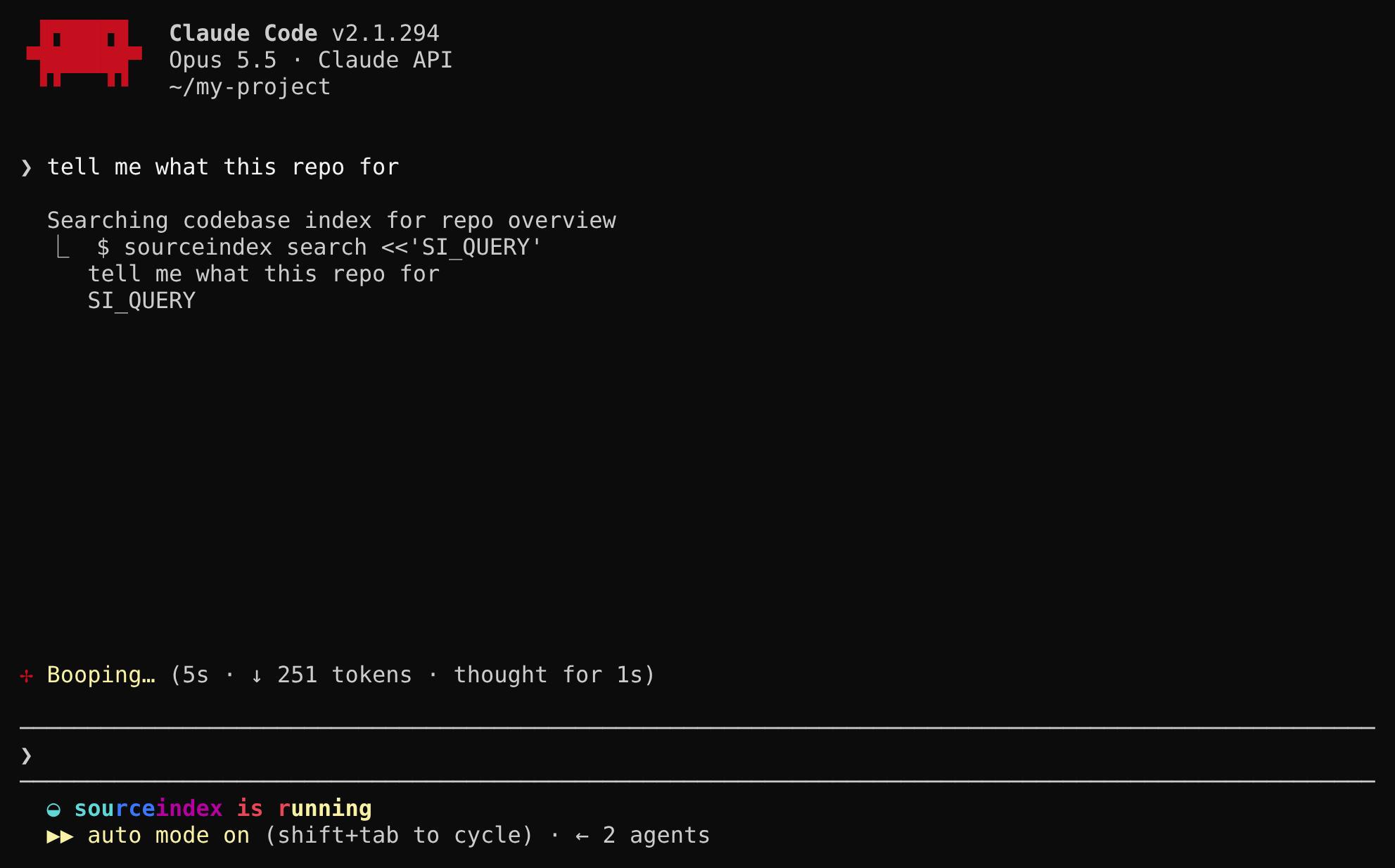 A Claude Code session. The user asks what this repo is for; the agent runs sourceindex search with the request, and the status line reads: sourceindex is running.